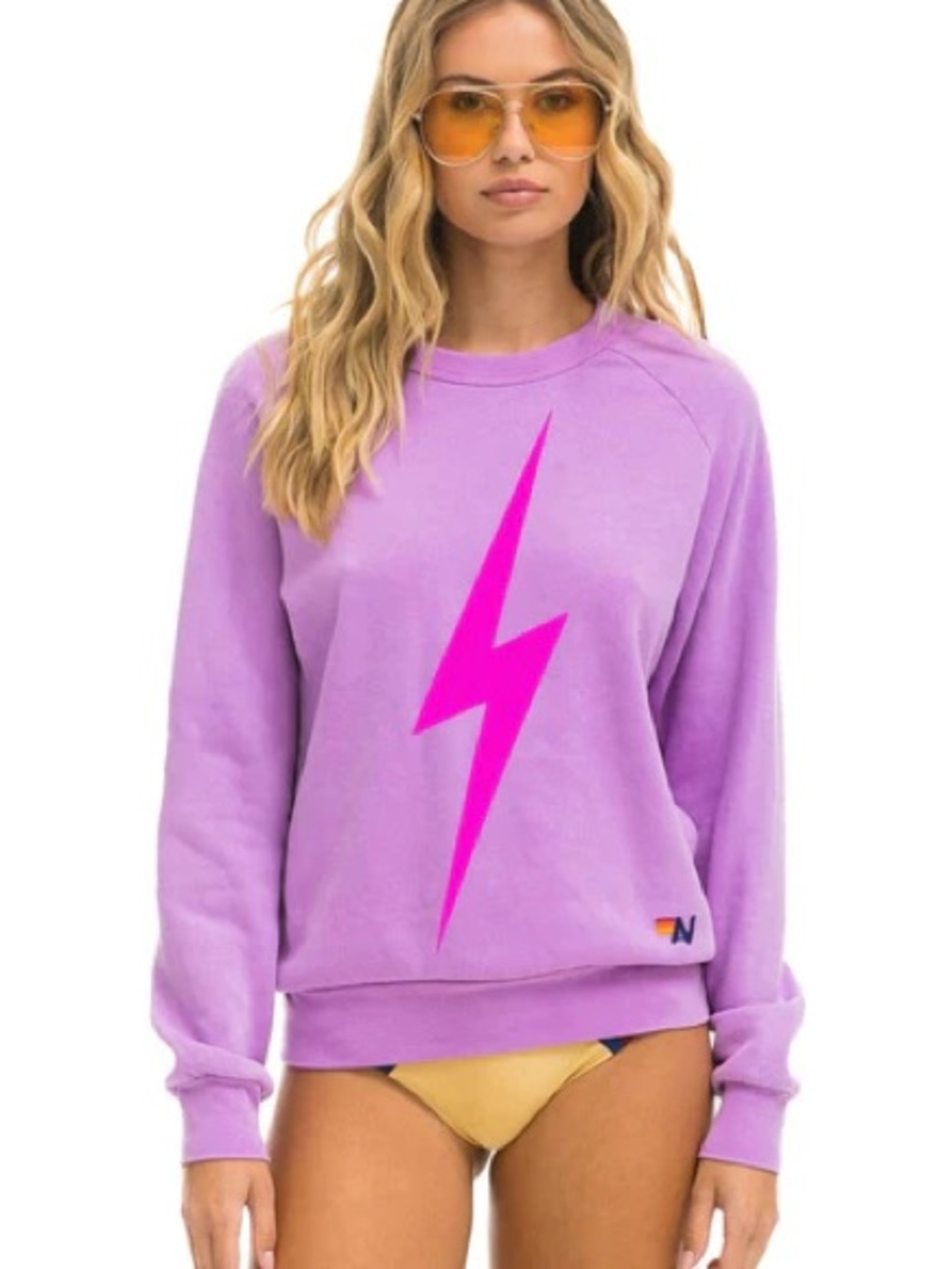 Aviator Nation Lavender Crewneck and Sweatpant with Hot Pink Lightning Bolt